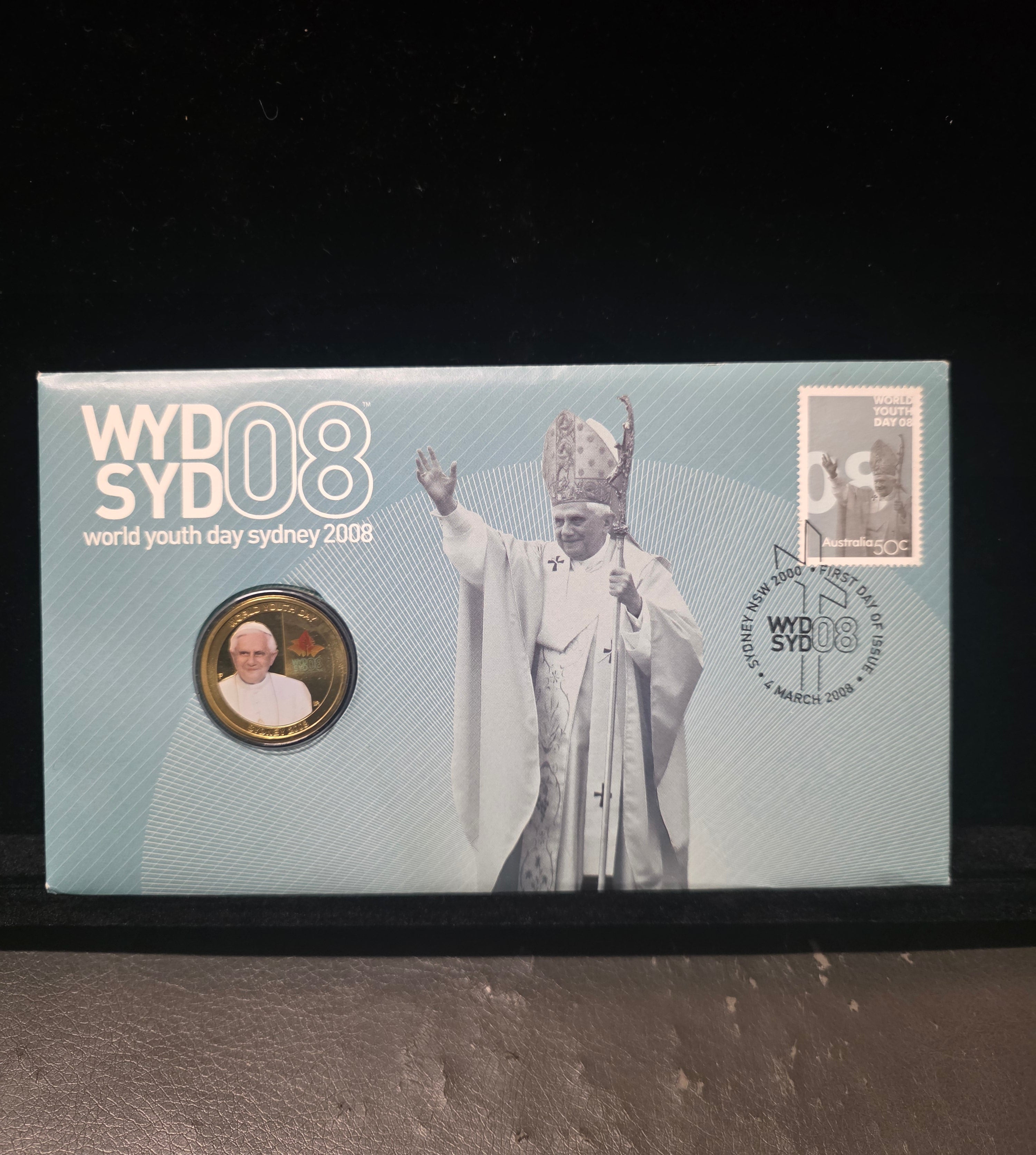 #129 WYD SYD 2008 World Youth Day Collector Card & Coloured Coin – Australia Post First Day Issue