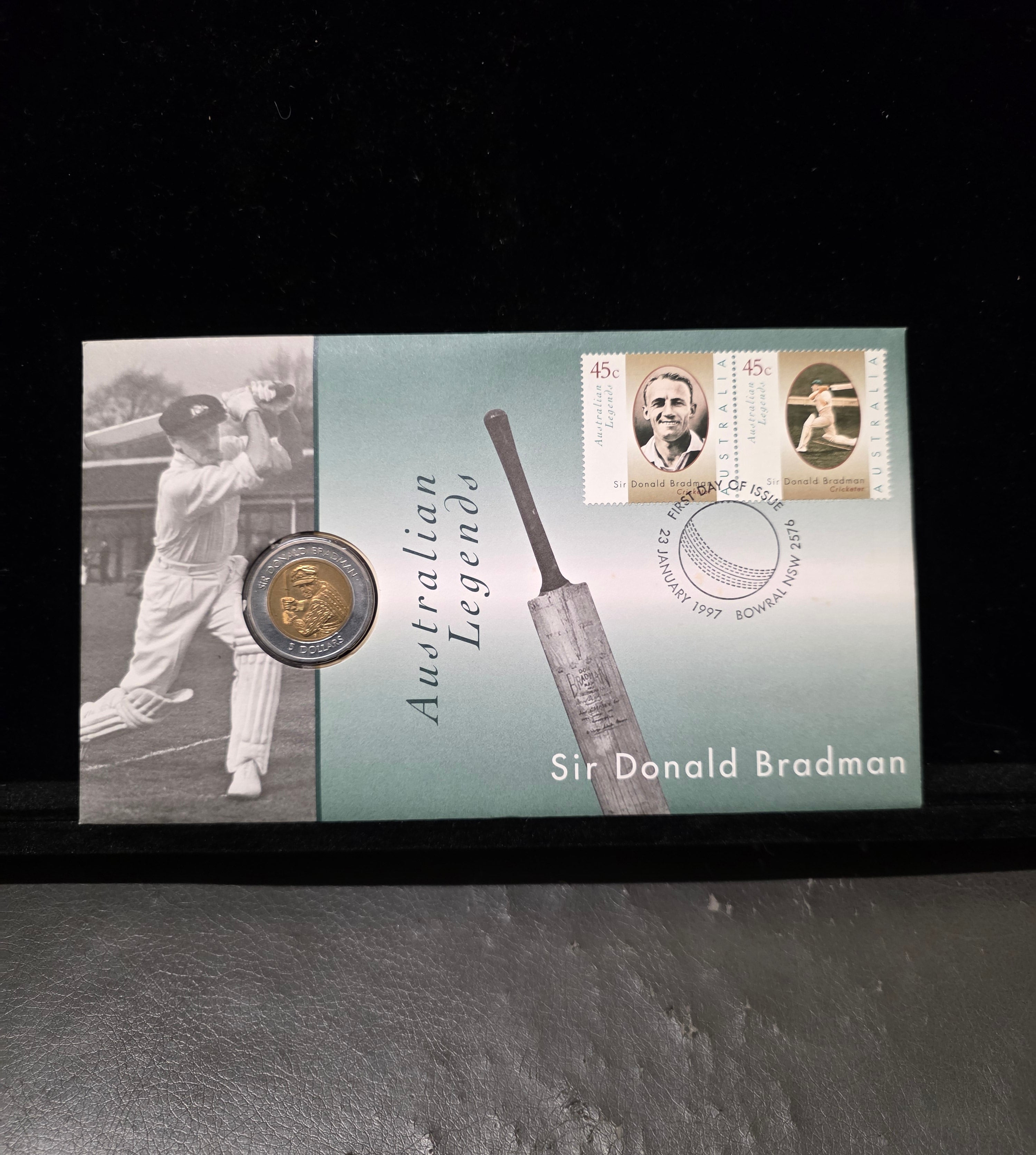 #142 1997 Australian Legends Sir Donald Bradman PNC – $1 Coin & 45c Stamp Cover