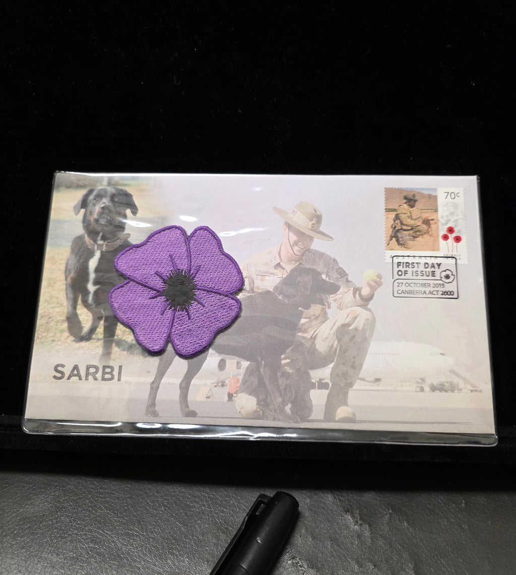 #165 Animals in War “Sarbi” Limited Edition Purple Poppy Cover – 0472/3500 (Australia Post)