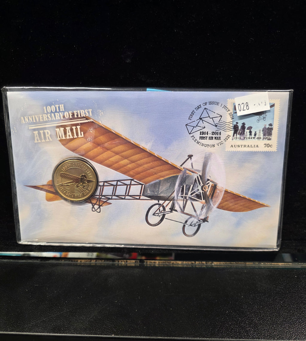 #028 100th Anniversary of First Air Mail 2014 Australia Post PNC with $1 Coin & 70c Stamp