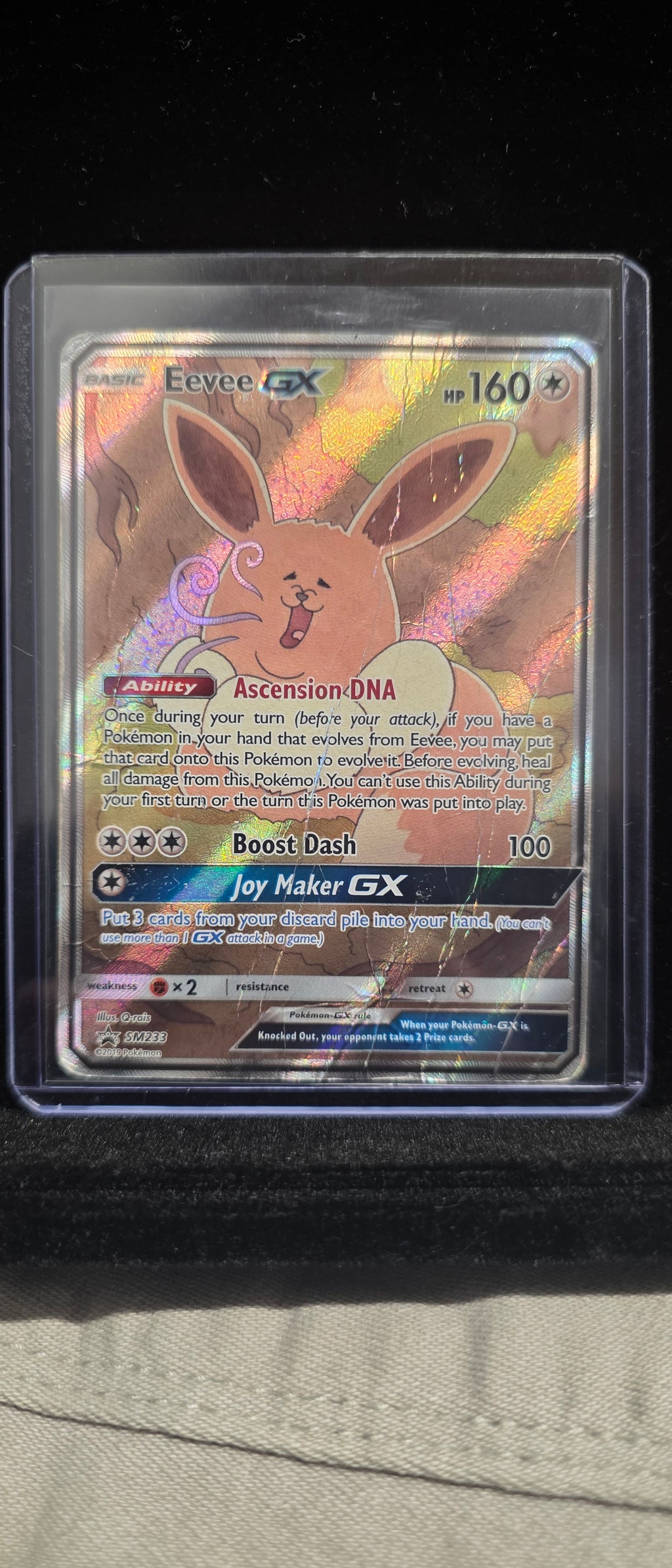 #Pk016 Eevee‑GX SM233 Black Star Promo – Full Art Holo Pokémon Card (Custom Art / Damaged Back)