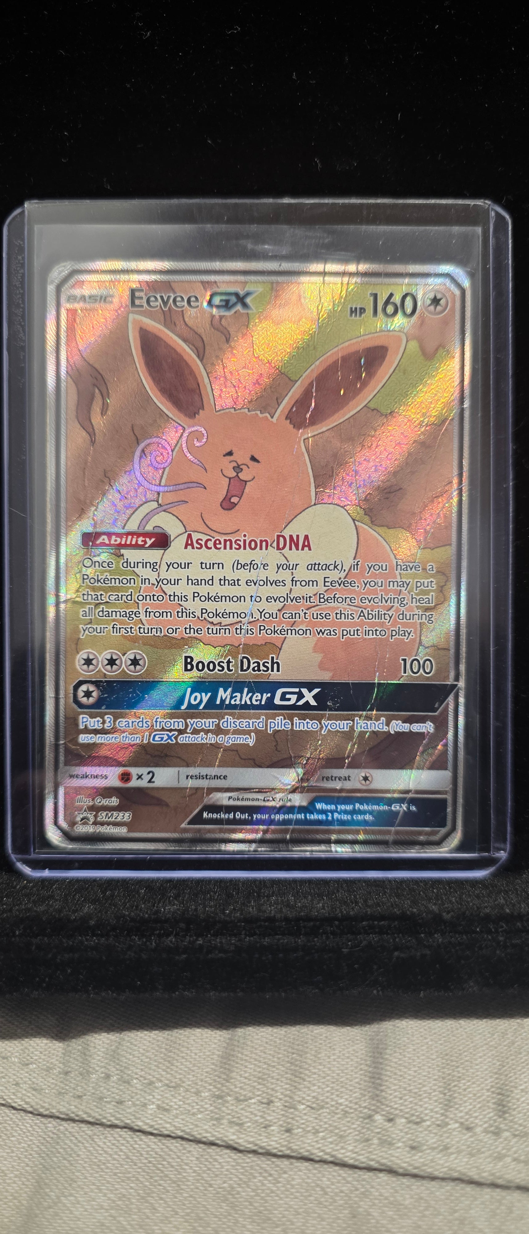 #Pk016 Eevee‑GX SM233 Black Star Promo – Full Art Holo Pokémon Card (Custom Art / Damaged Back)