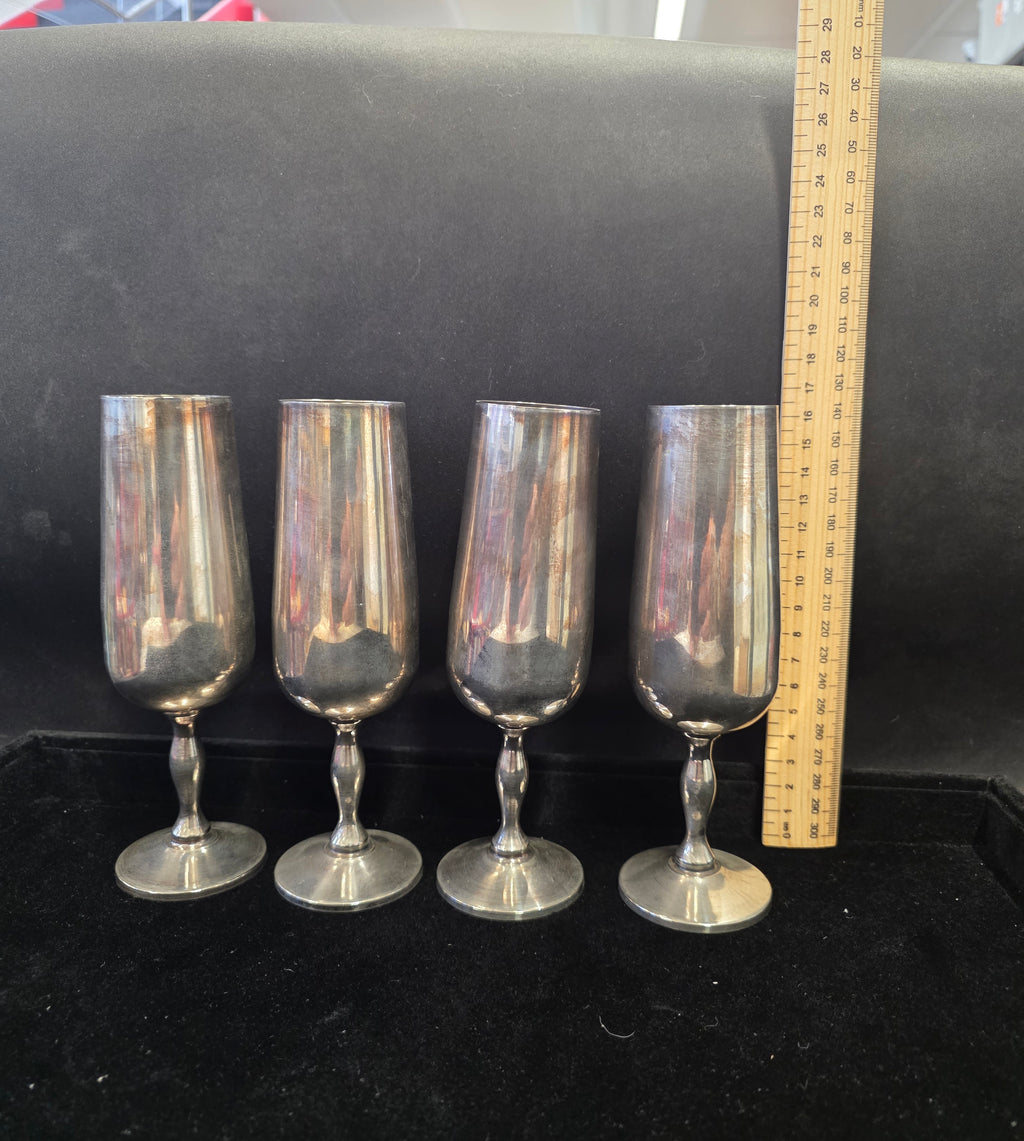#P021 Set of 4 Vintage Nickel Silver Champagne Flutes / Goblets – 17cm Tall – XRF Tested (Not Sterling)