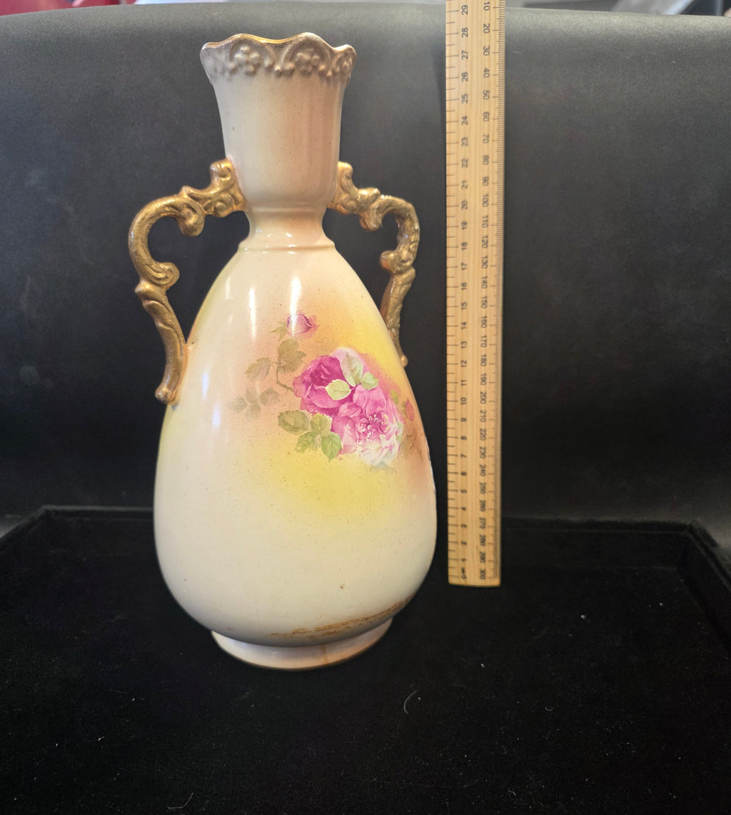 #P021 Antique Hand-Painted Porcelain Vase w/ Gilded Handles & Pink Roses ~12”