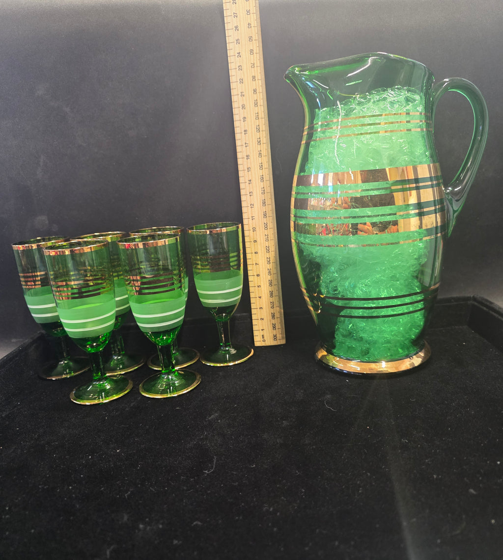 #P021 Vintage Green Glass Pitcher & 6 Matching Gold-Rimmed Goblets Drink Set