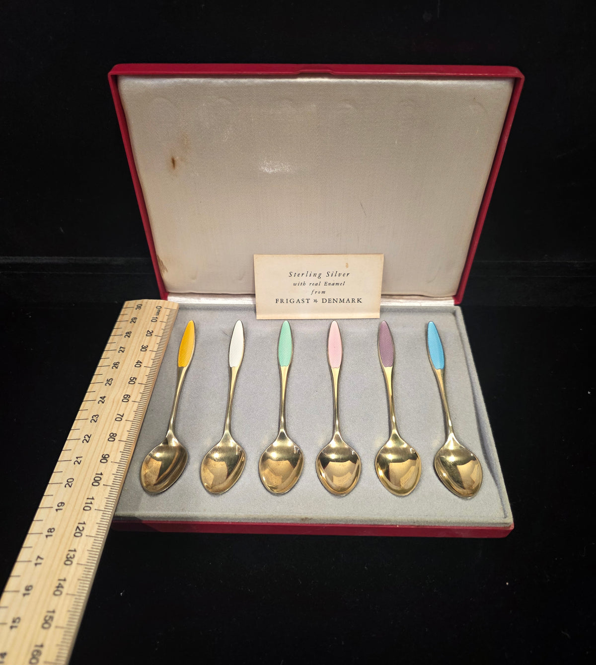 #P021 Vintage Frigast Denmark Sterling Silver Enamel Demitasse Spoons – Set of 6 in Original Box