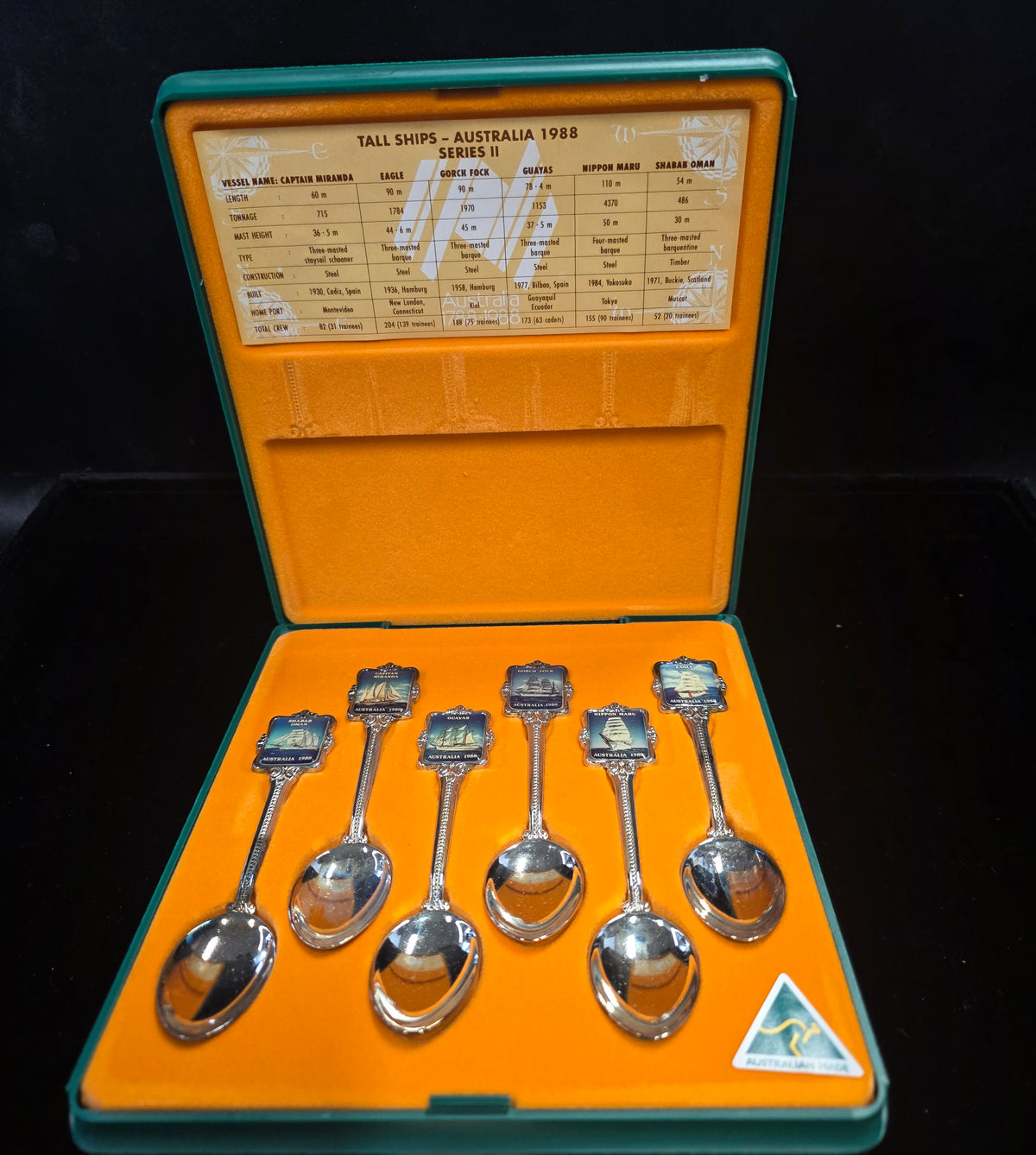 #P021 1988 Tall Ships Australia Series II Souvenir Spoon Set (6) w/ Case – Vintage Australian Made
