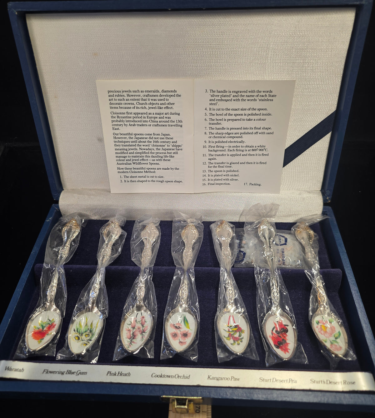 #P021 Vintage Australian Wildflower Cloisonné Silver Plated Souvenir Spoon Set of 7 in Box