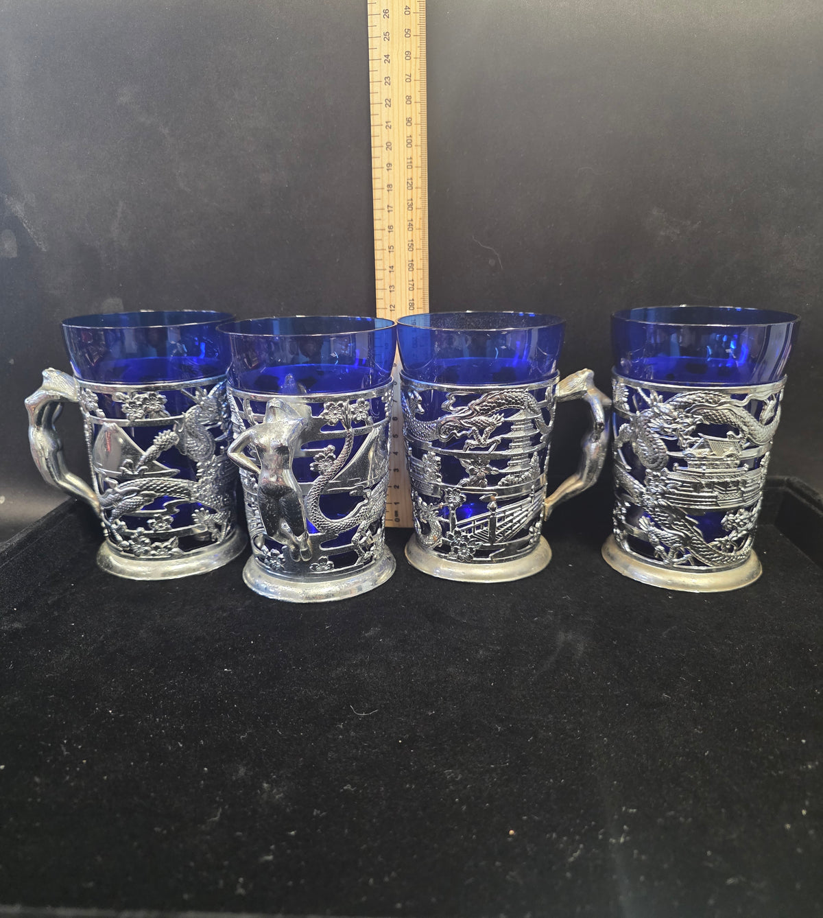 #P021 Set of 4 Vintage Cobalt Blue Glass Mugs w/ Ornate Dragon & Mermaid Pewter Holders