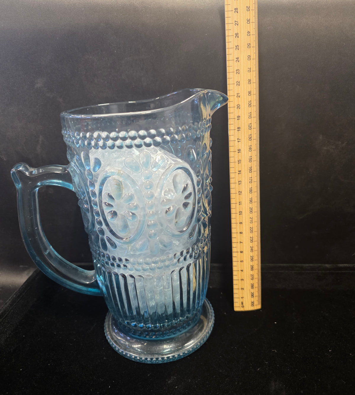 #P021 Vintage Blue Pressed Glass Pitcher – Large 10" Hobnail / Thumbprint Water Jug, Aqua Art Glass Decor
