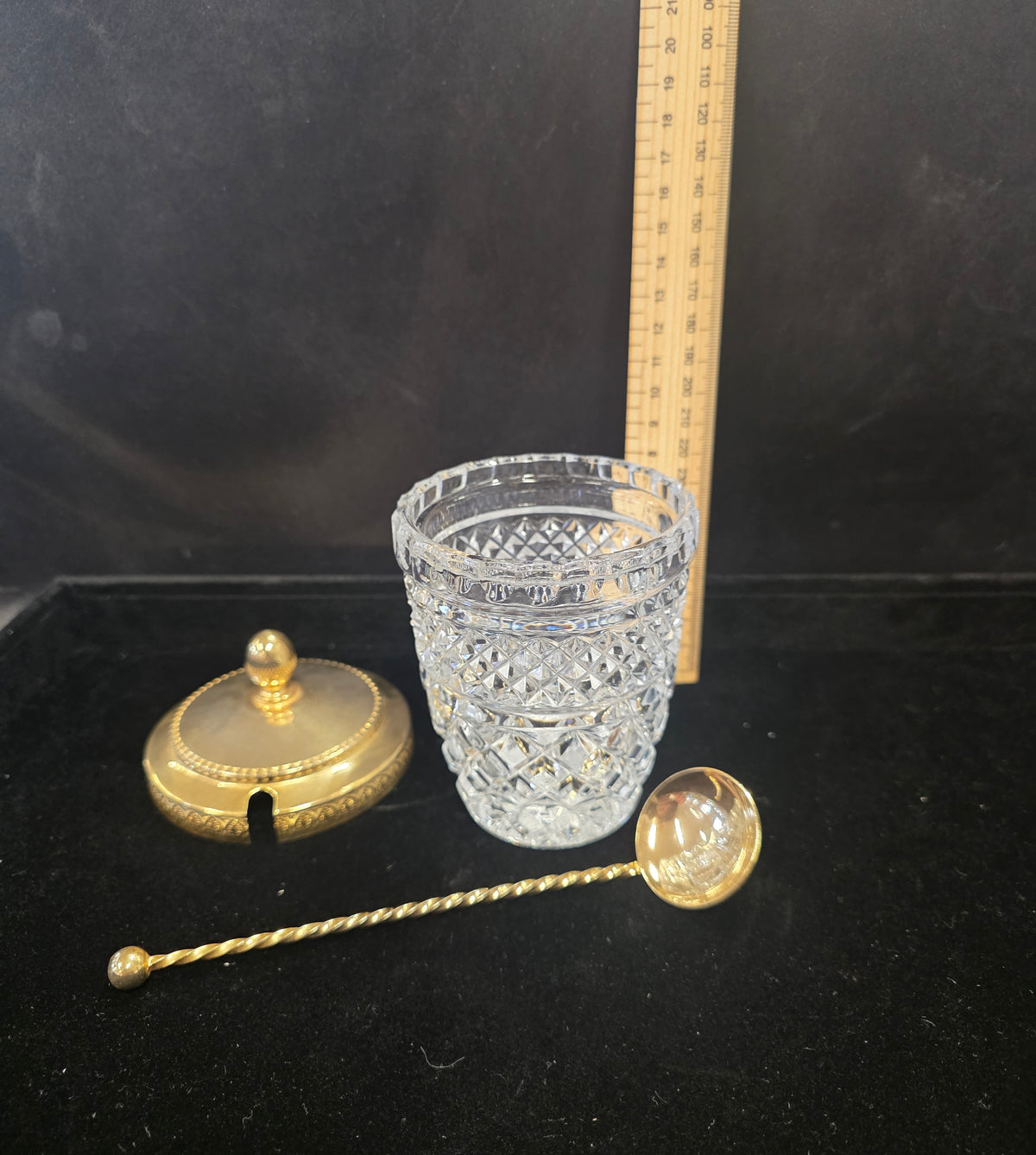 #P021 Vintage Cut Crystal & Gold-Tone Mustard / Condiment Jar w/ Lid & Spoon