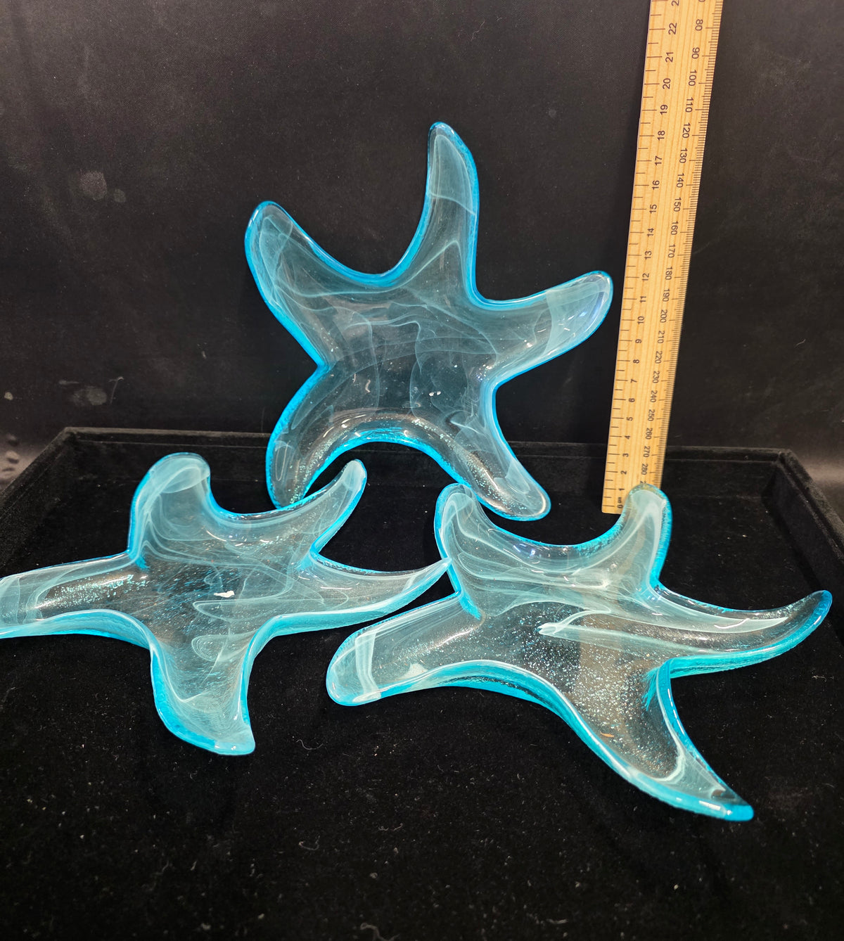 #P022 Set of 3 Aqua Blue Glass Starfish Dishes – Coastal Beach Decor / Trinket or Soap Holders