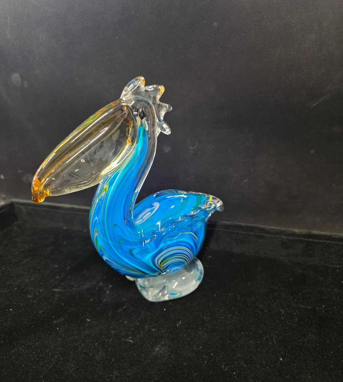 #P022 Murano Style Hand Blown Art Glass Pelican Figurine – Blue Swirl, Approx. 8" Tall