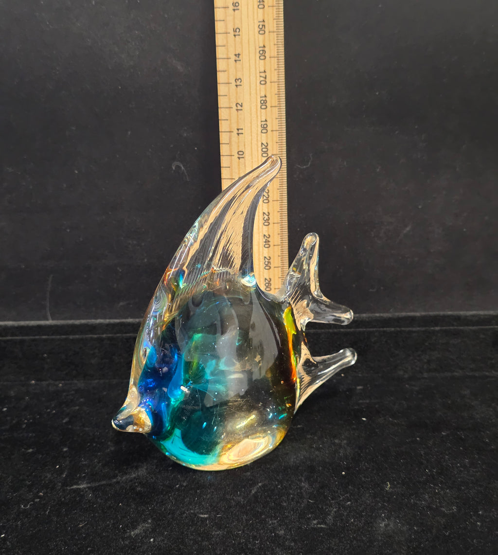 #P022 Vintage Hand Blown Art Glass Tropical Fish Figurine Paperweight – Blue/Amber 6"
