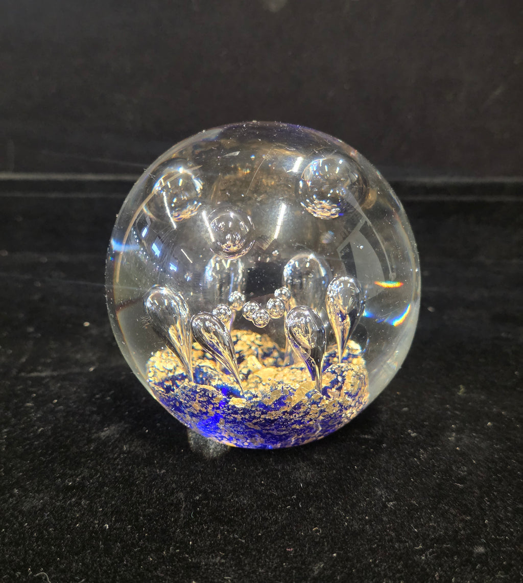 #P022 Vintage Abacus Imports Art Glass Paperweight – Blue & Gold Bubble Orb
