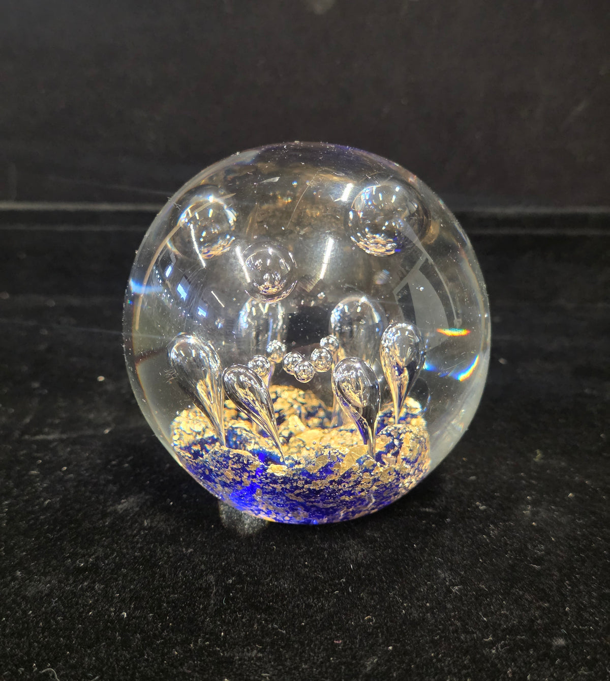 #P022 Vintage Abacus Imports Art Glass Paperweight – Blue & Gold Bubble Orb