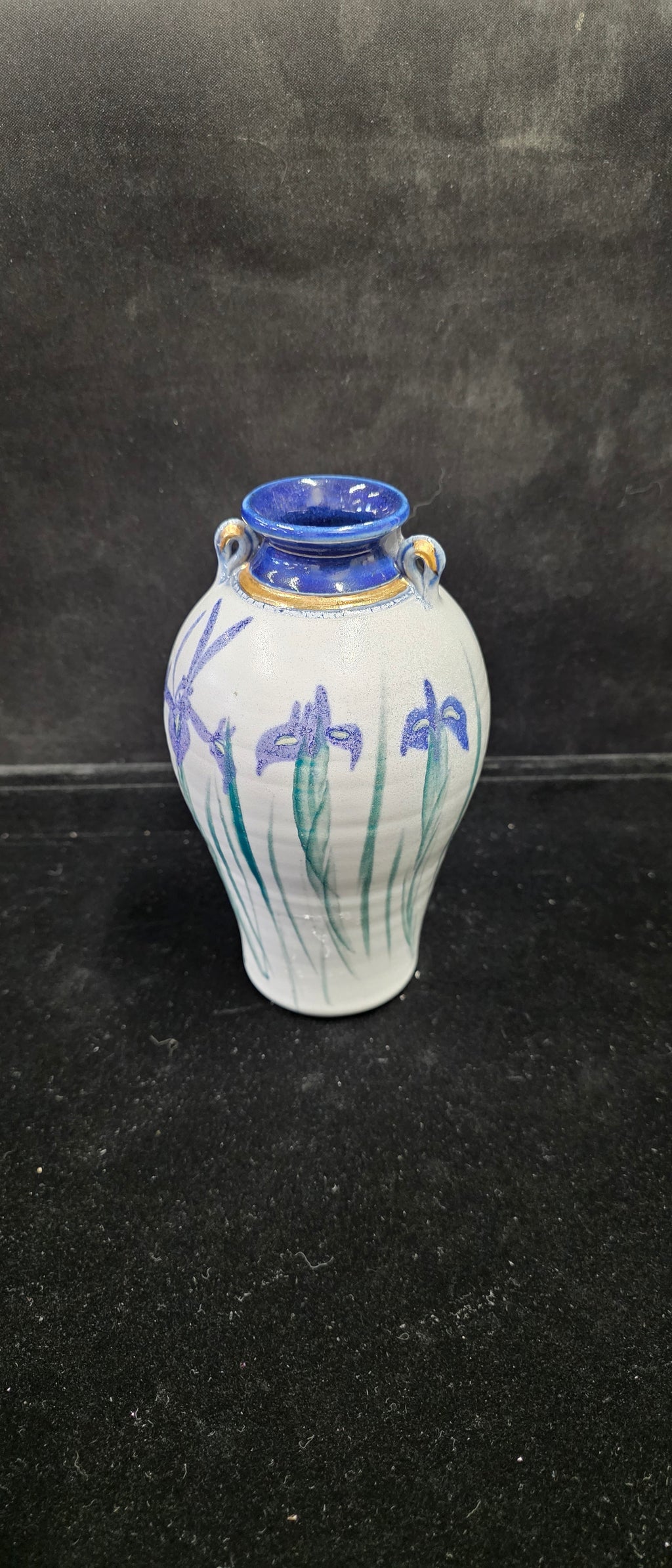 #P022 Hand-Painted Floral Ceramic Vase – Blue & White Iris Design – 6” Bud Vase Decor