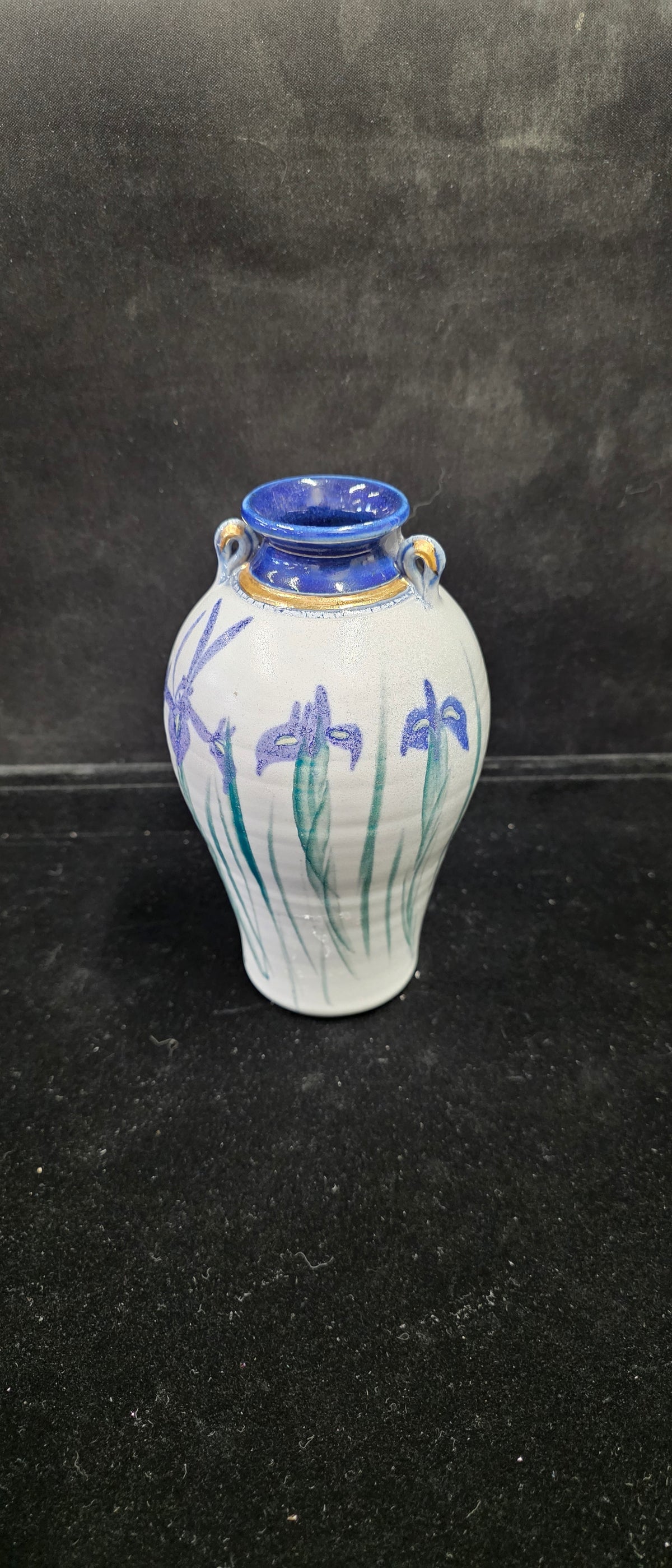 #P022 Hand-Painted Floral Ceramic Vase – Blue & White Iris Design – 6” Bud Vase Decor