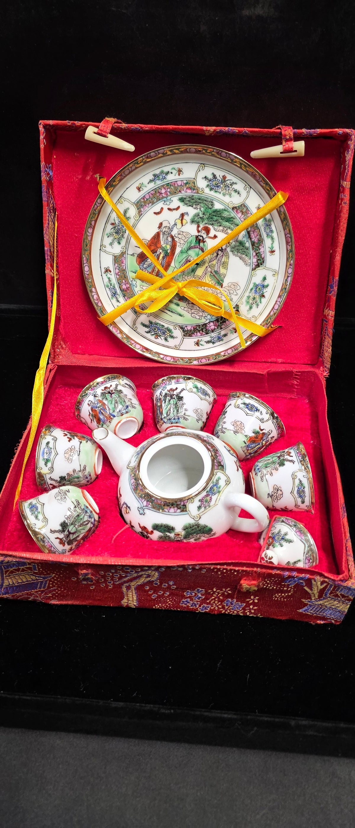 #P022 Vintage Chinese Hand-Painted Porcelain Tea Set in Silk Brocade Gift Box