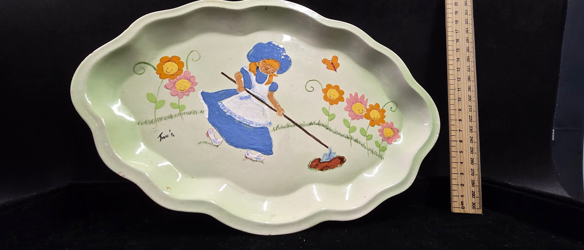 #P023 Vintage Hand-Painted Girl & Flowers Ceramic Serving Platter Signed Jan ’80