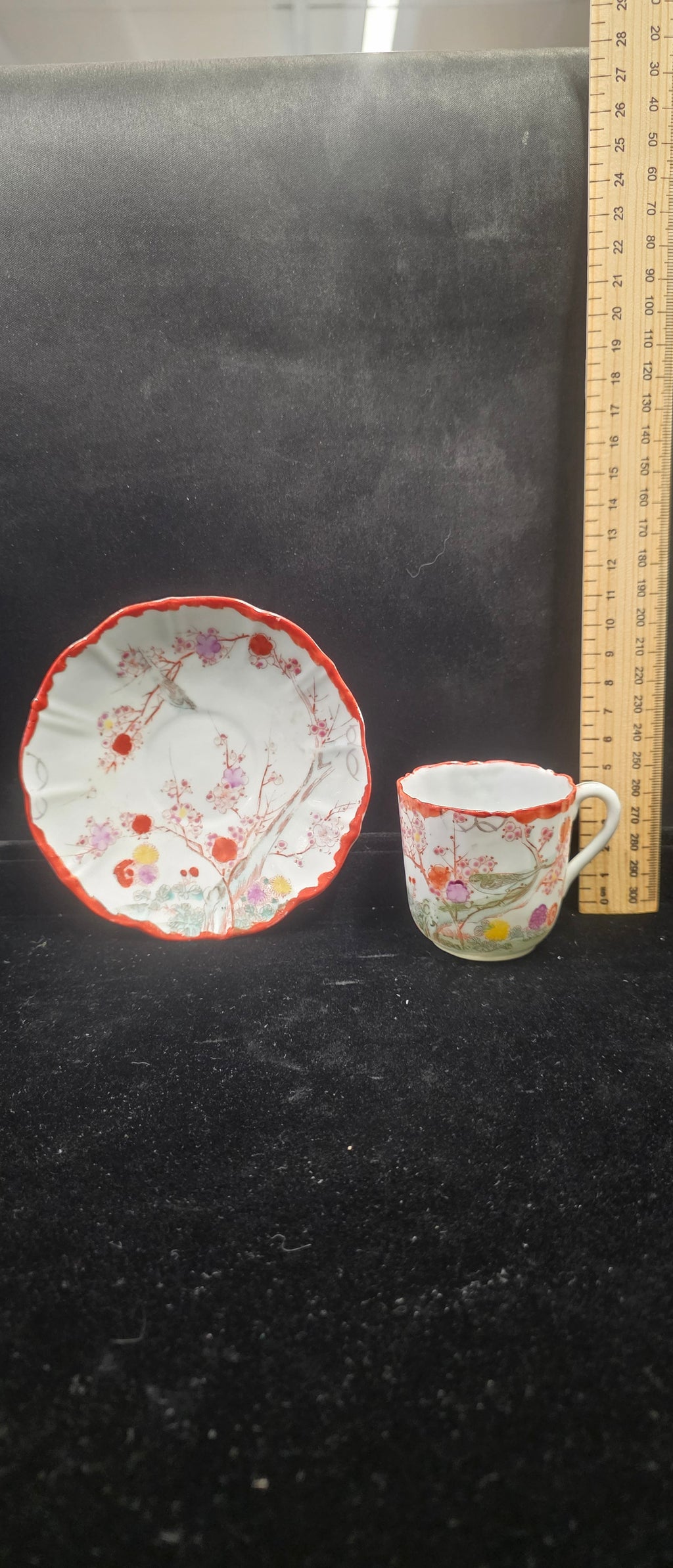 #P023 Vintage Hand Painted Floral Bird Demitasse Cup & Saucer – Red Trim Porcelain