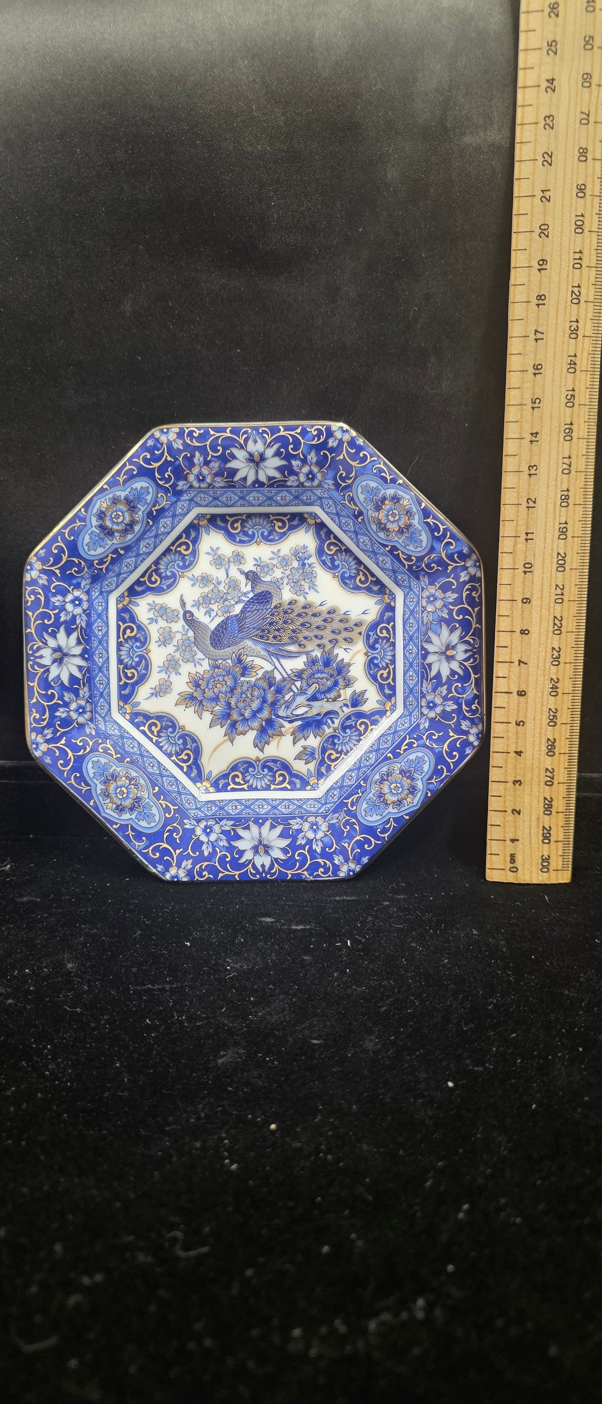 #P023 Vintage Blue & White Octagon Peacock Plate w/ Gold Trim – John Roberts – approx 9" Decorative China
