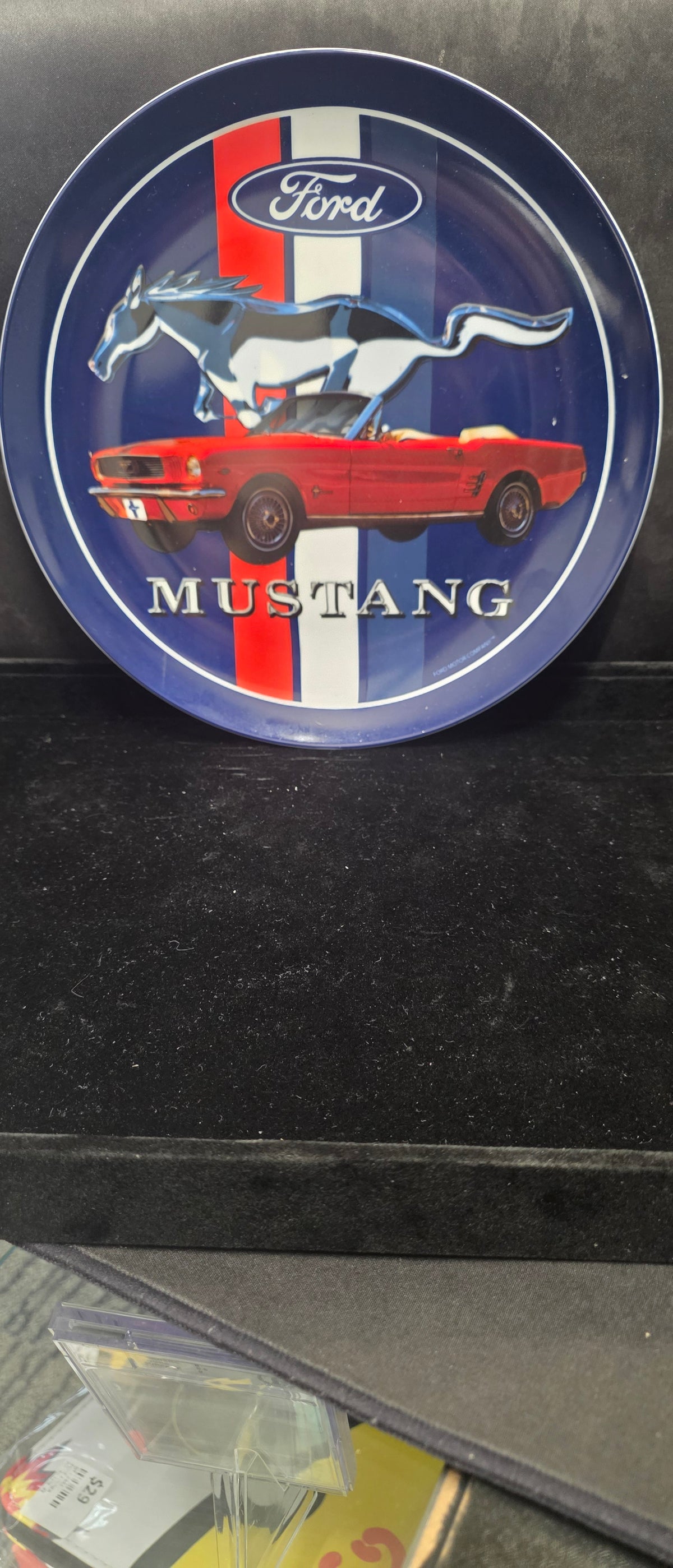 #P024 Vintage Ford Mustang Collectible Plate – Red Convertible Pony Logo Garage Decor