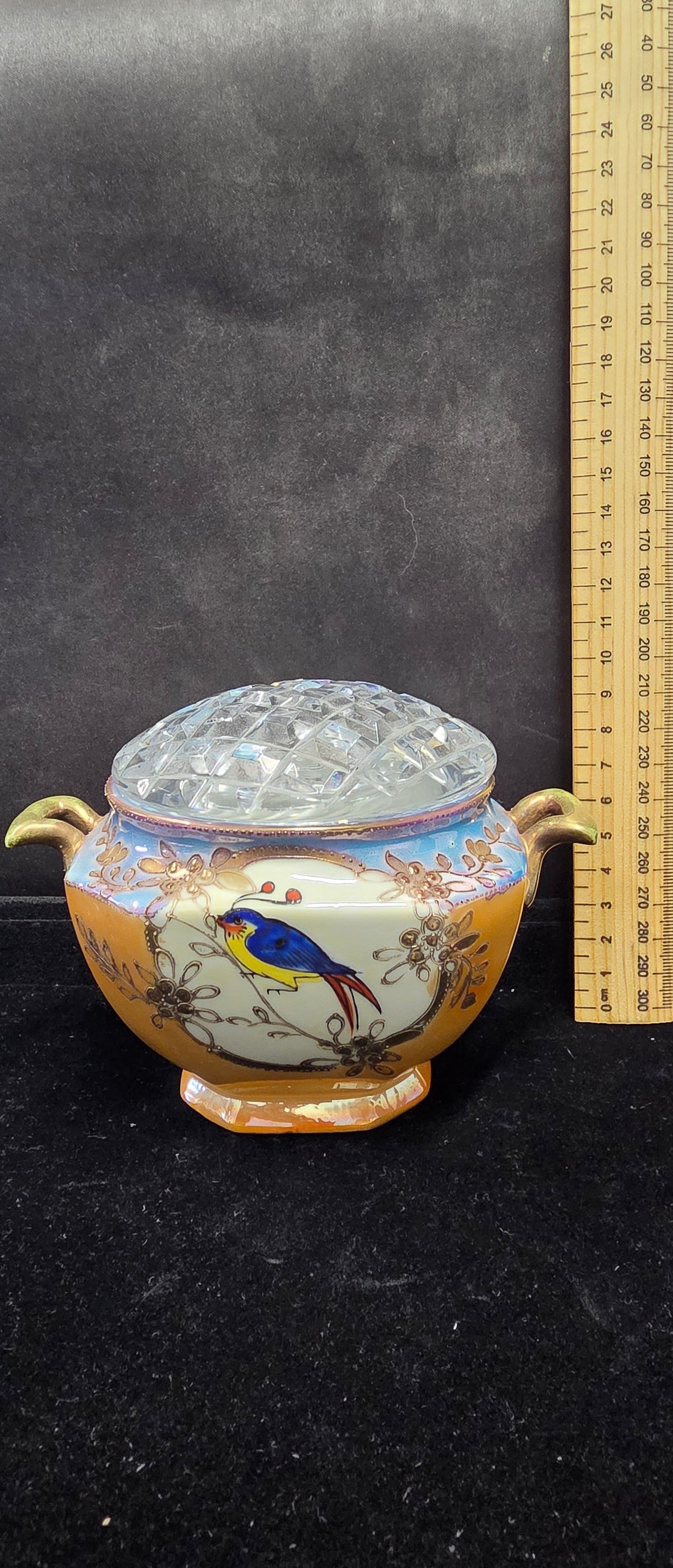 #P024 Vintage Hand Painted Lusterware Candy Dish w/ Cut Glass Lid & Colorful Bird