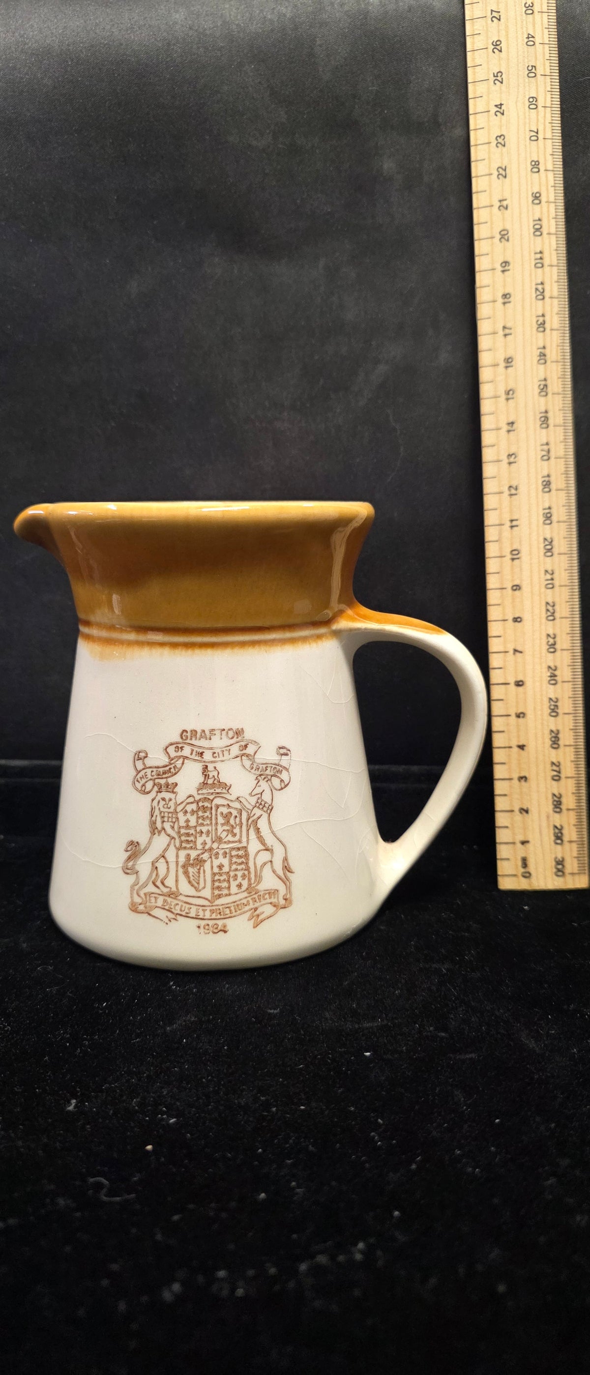 #P024 Vintage Grafton 1904 Crest Brown & White Ceramic Creamer Pitcher Jug Souvenir