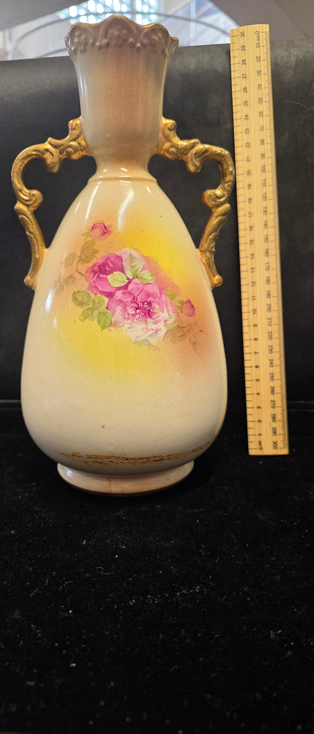 #P024 Antique English Art Pottery Hand-Painted Rose Vase w/ Gilded Scroll Handles ~12" Tall