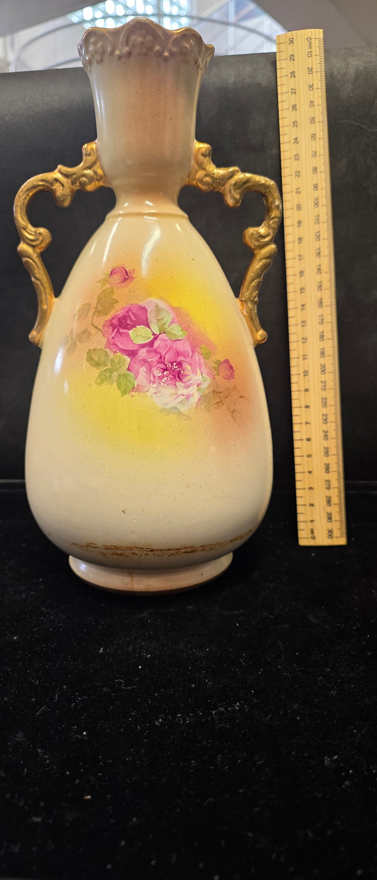 #P024 Antique English Art Pottery Hand-Painted Rose Vase w/ Gilded Scroll Handles ~12" Tall