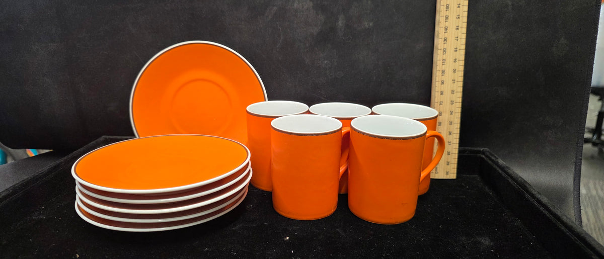 #P025 Retro Orange Stoneware Mug & Plate Set – 6 Mugs + 6 Side Plates