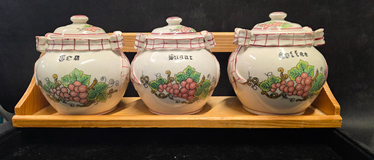 #P024 Vintage Grapevine Ceramic Tea Sugar Coffee Canister Set w/ Wooden Rack