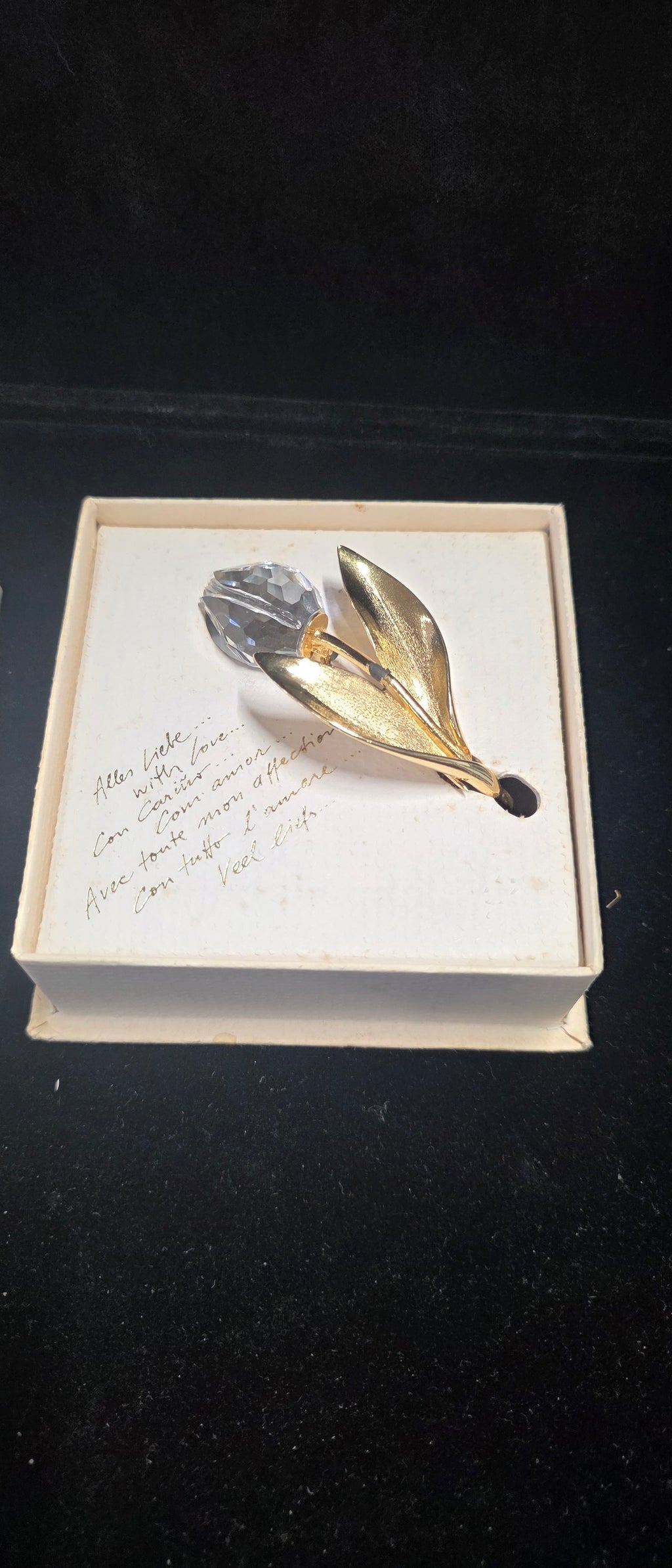 #P026 Vintage Gold-Tone Crystal Tulip Flower Brooch in Original Box – Costume Jewelry