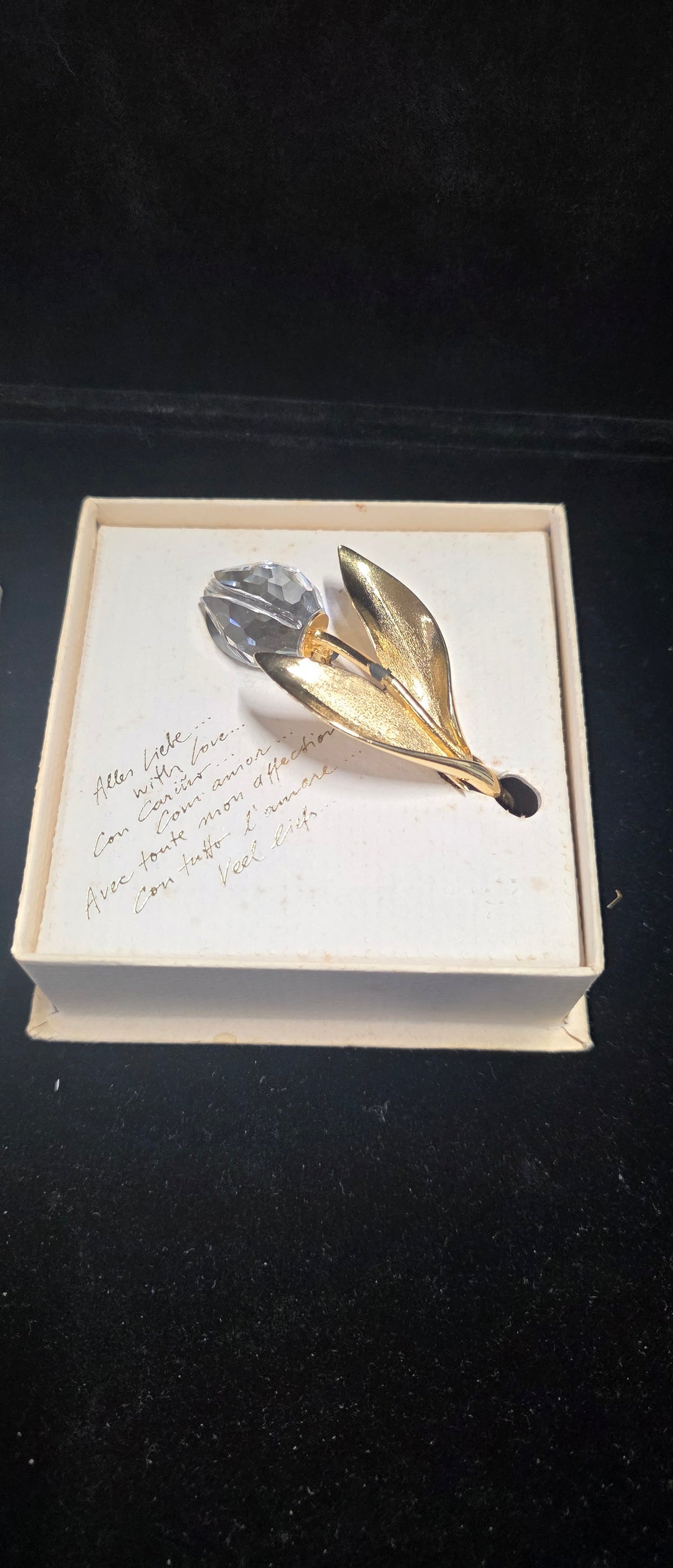 #P026 Vintage Gold-Tone Crystal Tulip Flower Brooch in Original Box – Costume Jewelry