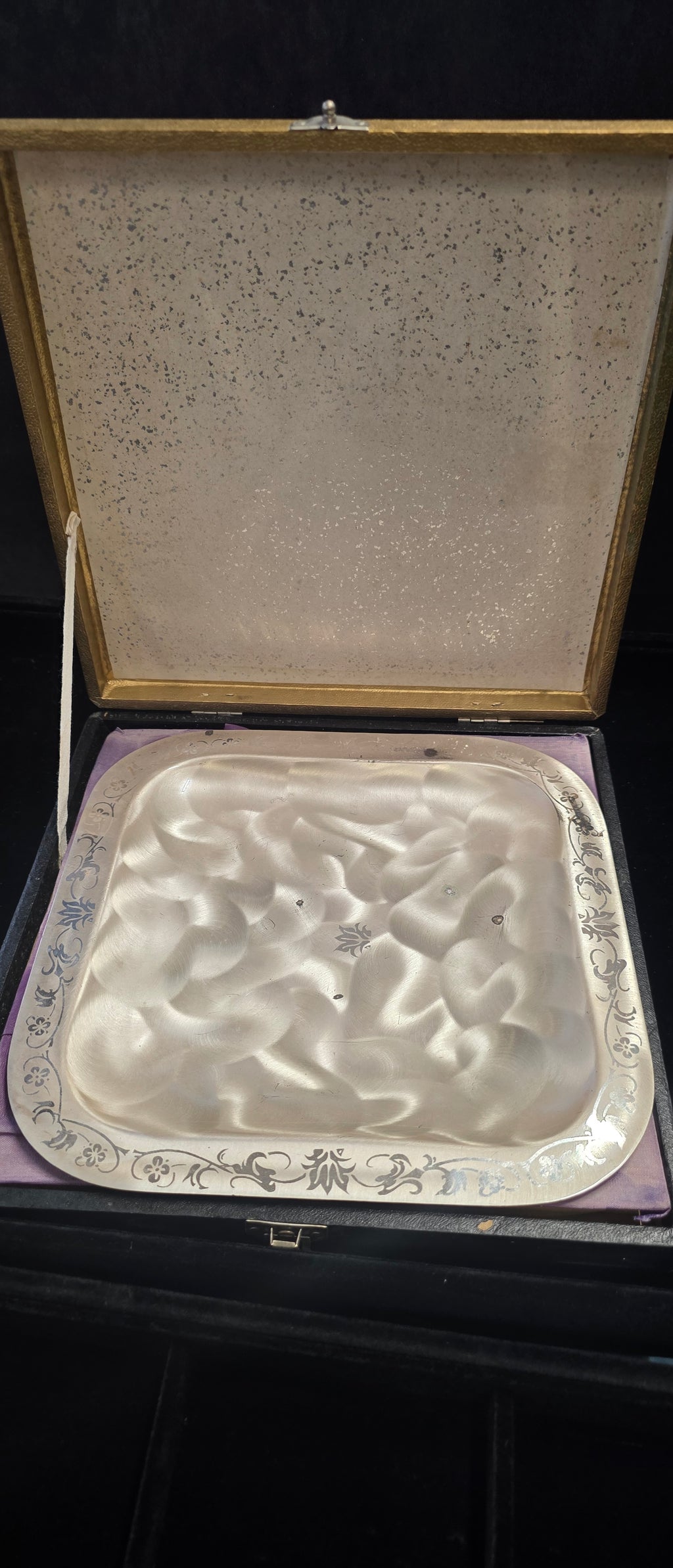 #P026 Vintage Etched Metal Tray in Fitted Case – XRF Tested Cu/Zn/Ag (Not Sterling)