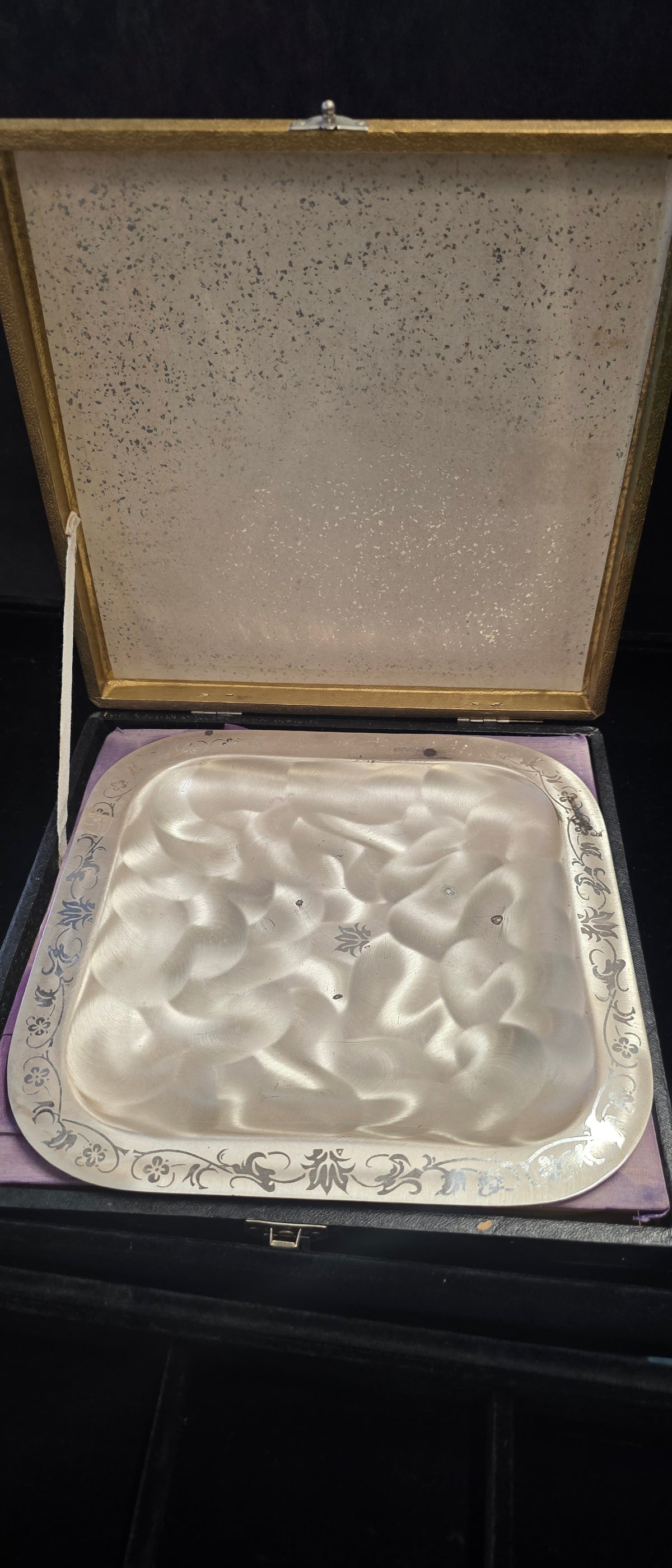 #P026 Vintage Etched Metal Tray in Fitted Case – XRF Tested Cu/Zn/Ag (Not Sterling)