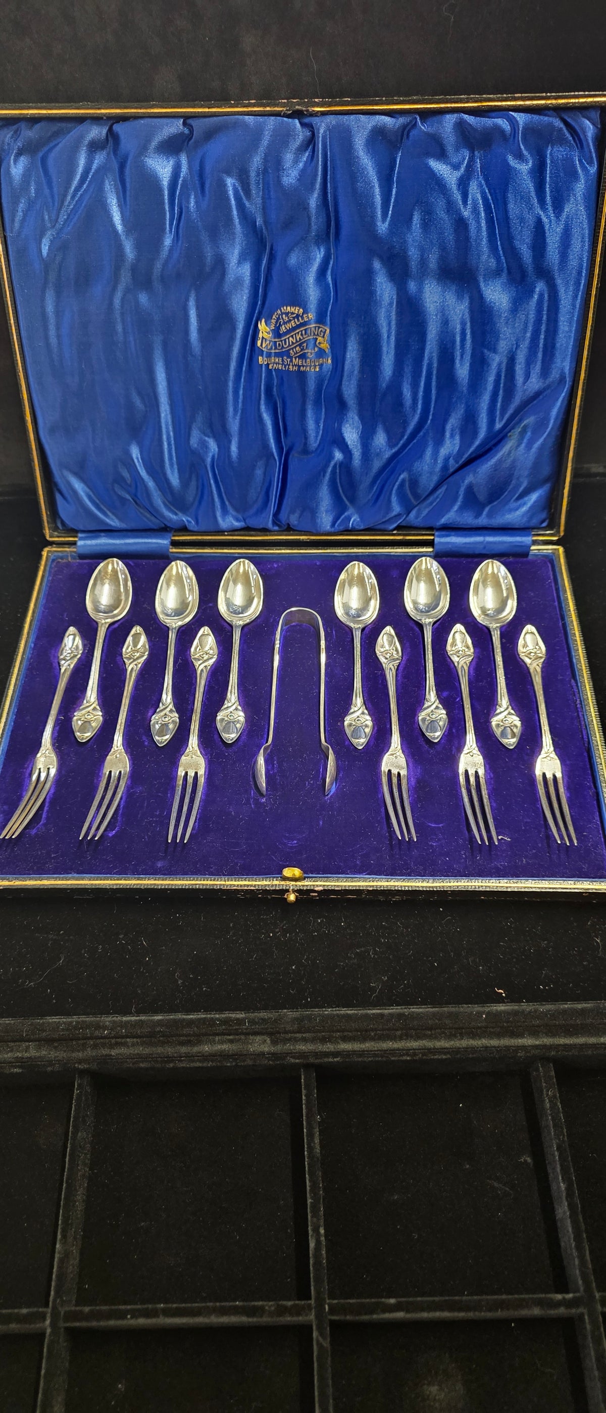 #P026 Antique WM Dunkling Melbourne 19pc Silver Dessert Spoon & Fork Set – XRF Tested 76% Ag