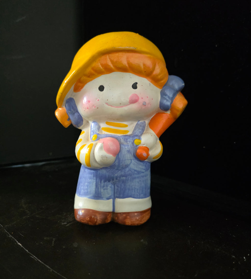 #P027 Vintage Ceramic Boy Coin Bank – Yellow Hat, Blue Overalls, Hammer Piggy Bank