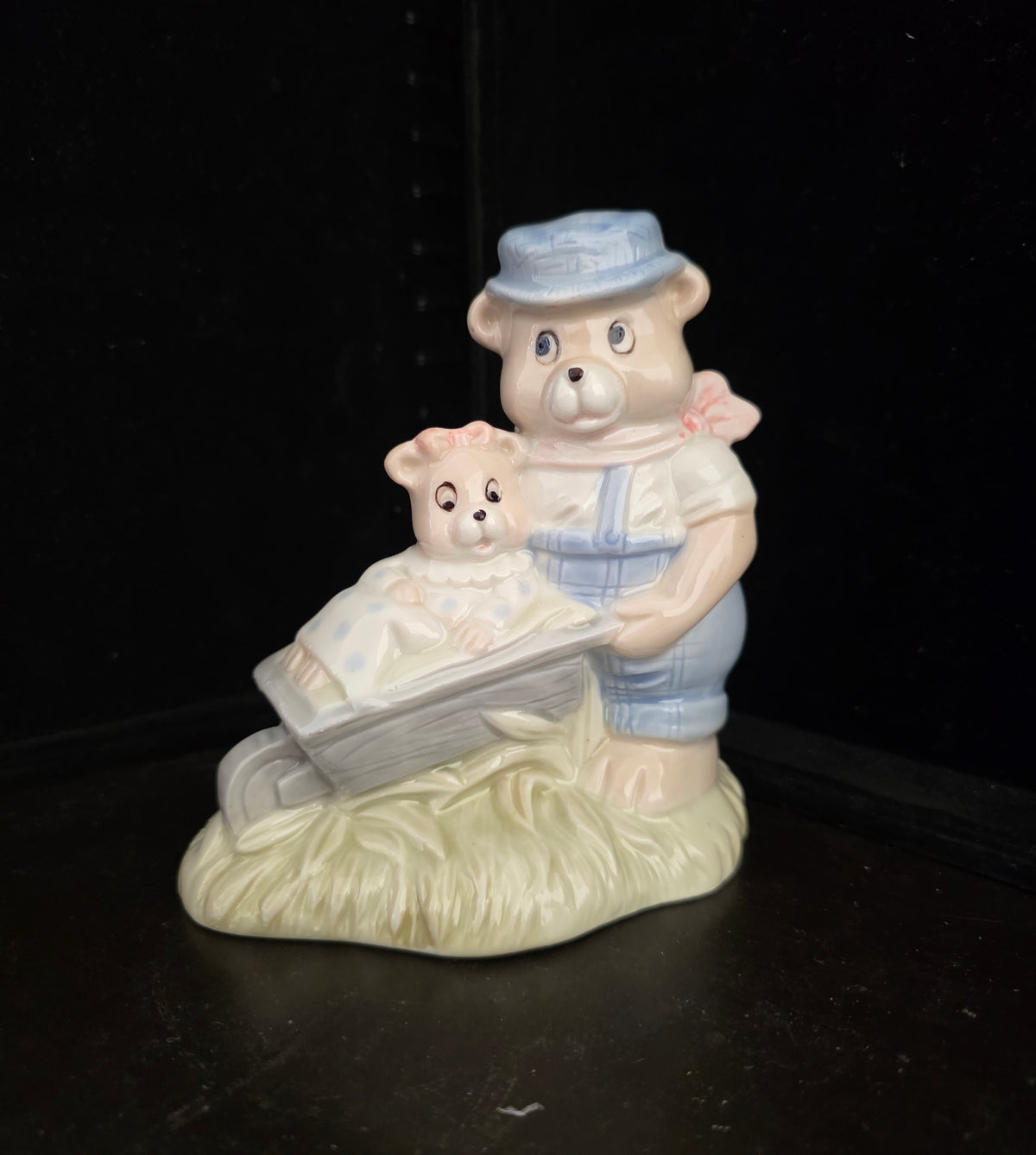 #P027 Vintage Copperart Ceramic Bear Figurine – Parent & Baby in Wheelbarrow – Cute Collectible Decor