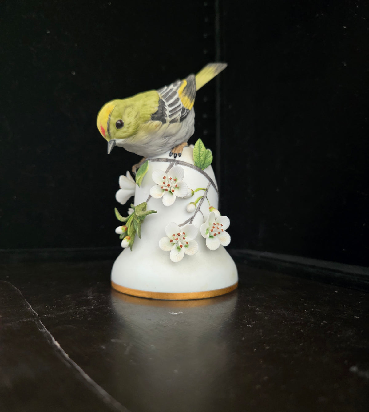 #P027 “The Goldcrest” Porcelain Bird & Blossom Bell Figurine – Signed Vintage Decor