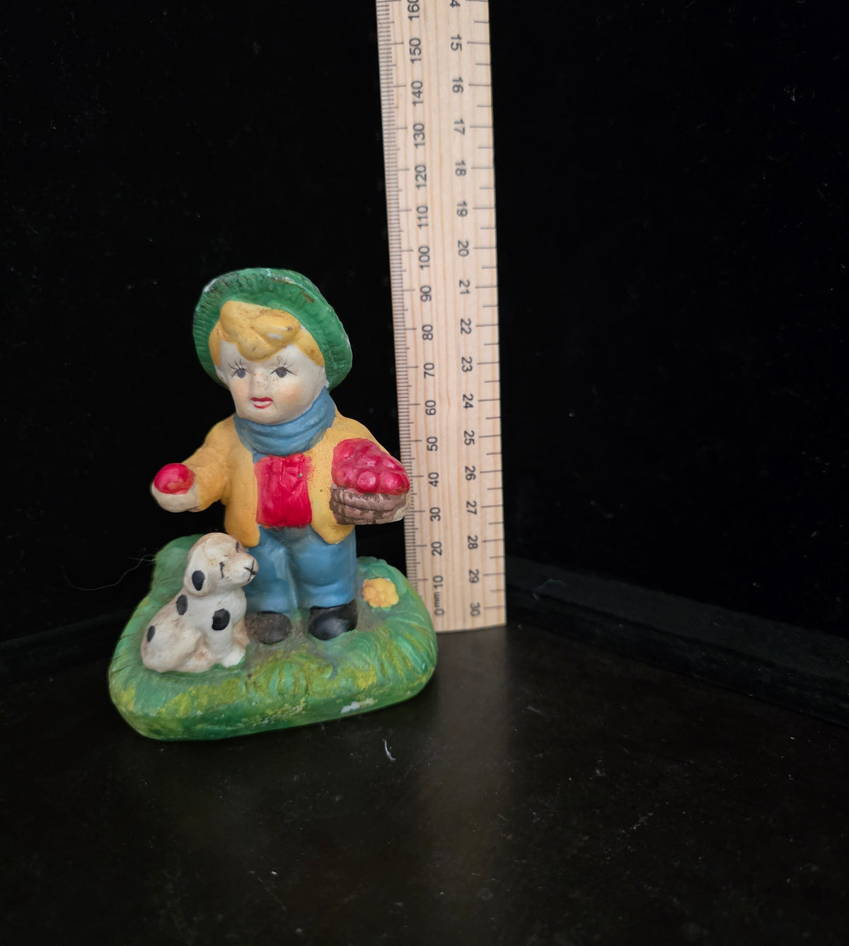 #P027 Vintage Hand-Painted Boy With Puppy & Apples Figurine ~ 5" Farmhouse Collectible Decor