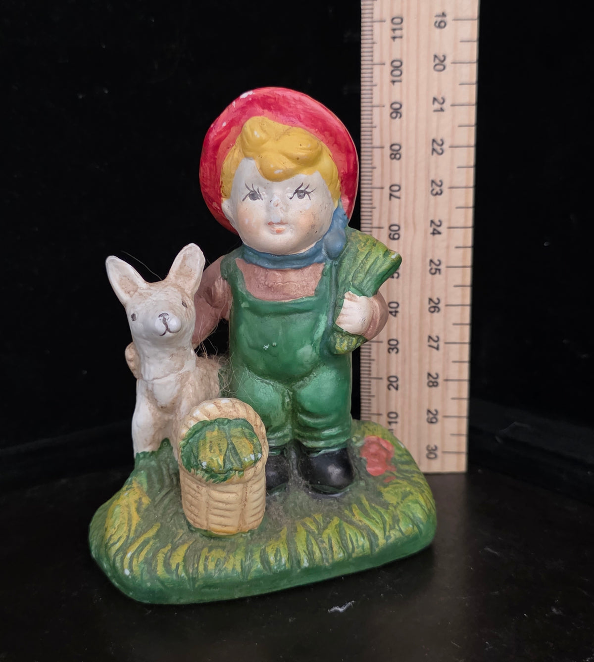 #P027 Vintage Farm Boy w/ Lamb & Veggie Basket Hand-Painted Figurine ~5"