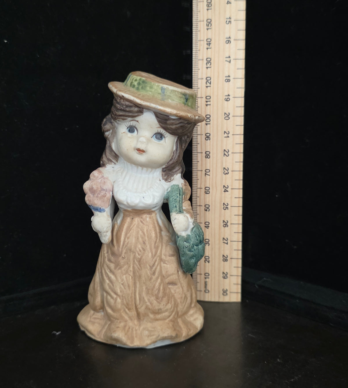 #P029 Vintage Ceramic Girl Figurine w/ Bonnet, Purse & Ice Cream – 6" Hand-Painted Decor