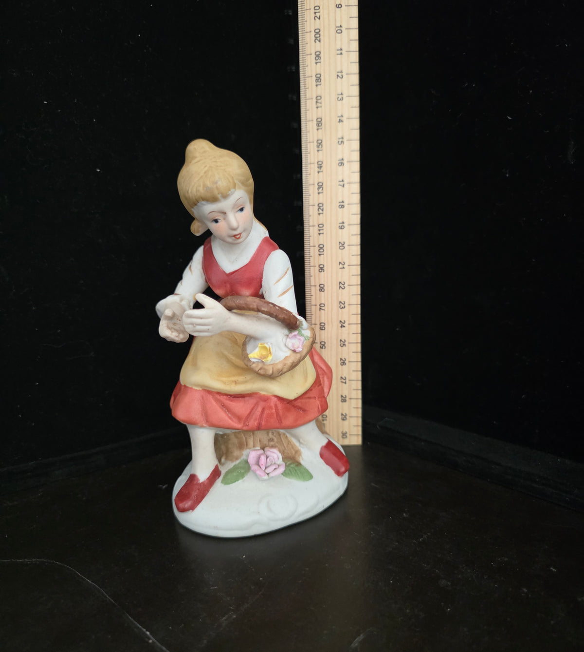 #P029 Vintage Ceramic Girl with Basket Figurine ~ Hand-Painted Farmhouse Decor ~ 8" Tall