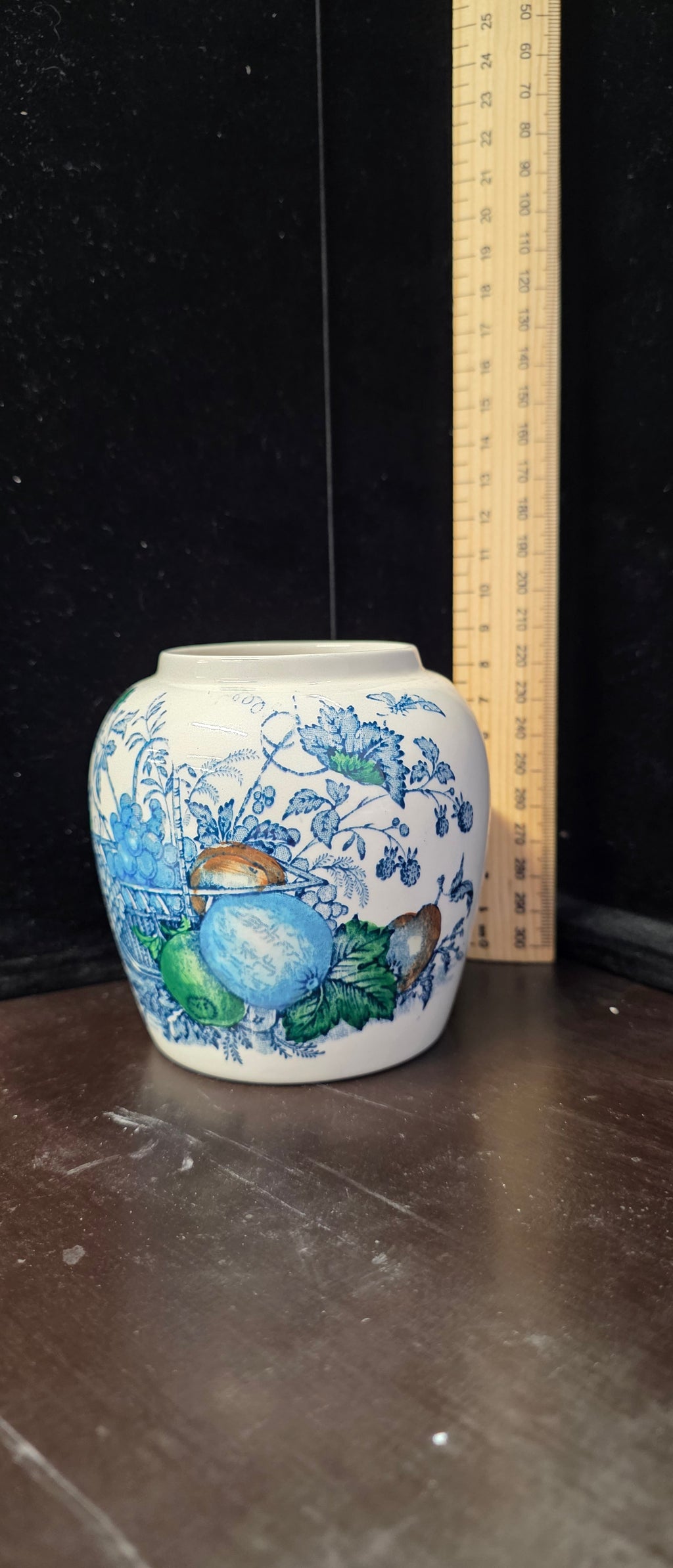 #P029 Mason’s England Ironstone “Fruit Basket” Small Vase – Blue & Green Vintage