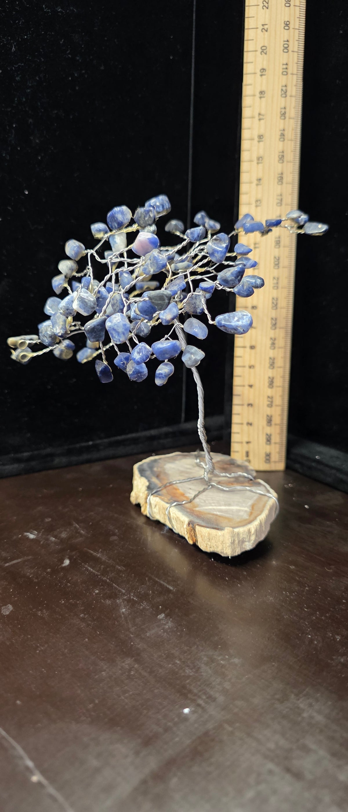 #P029 Handmade Blue Gemstone Wire Tree Sculpture on Petrified Wood Base ~7" Crystal Bonsai Decor