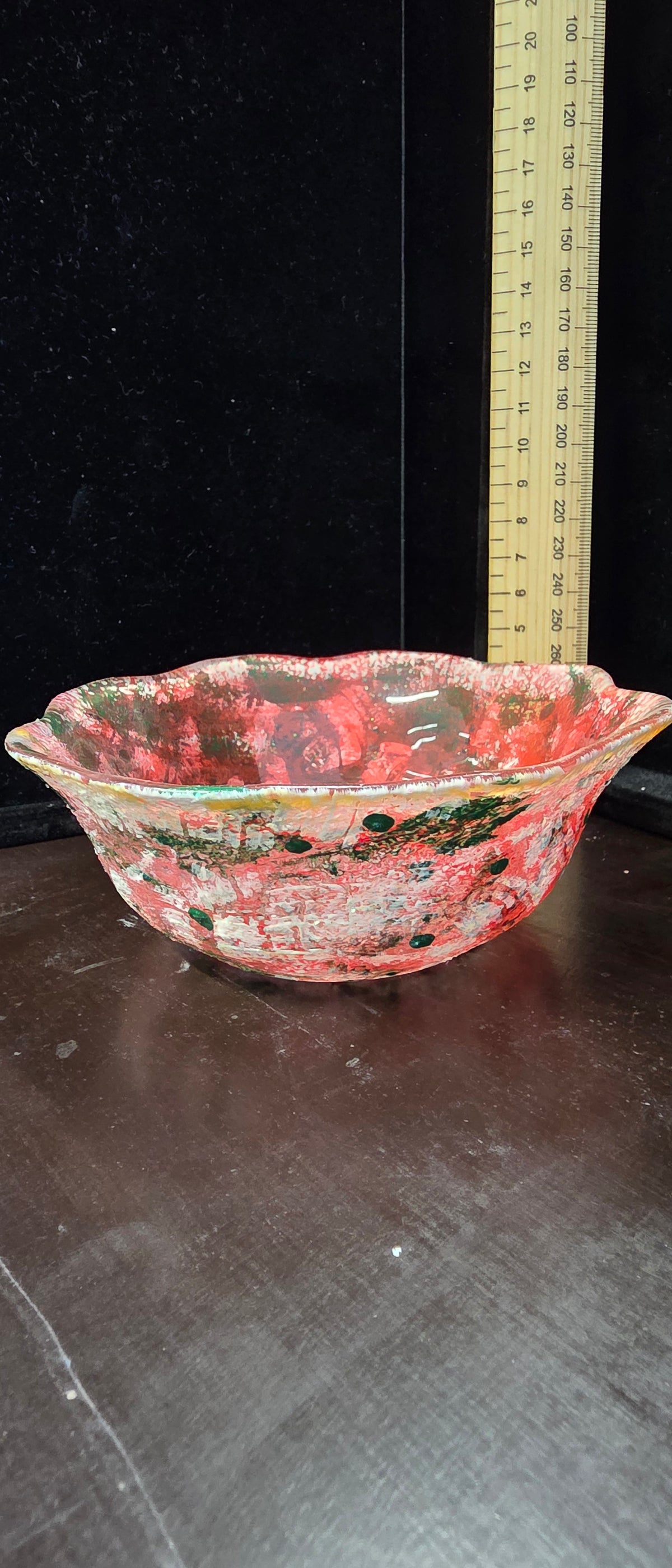 #P029 Handmade Red & Green Splatter Art Glass Ruffled Bowl ~8" Decorative Centerpiece