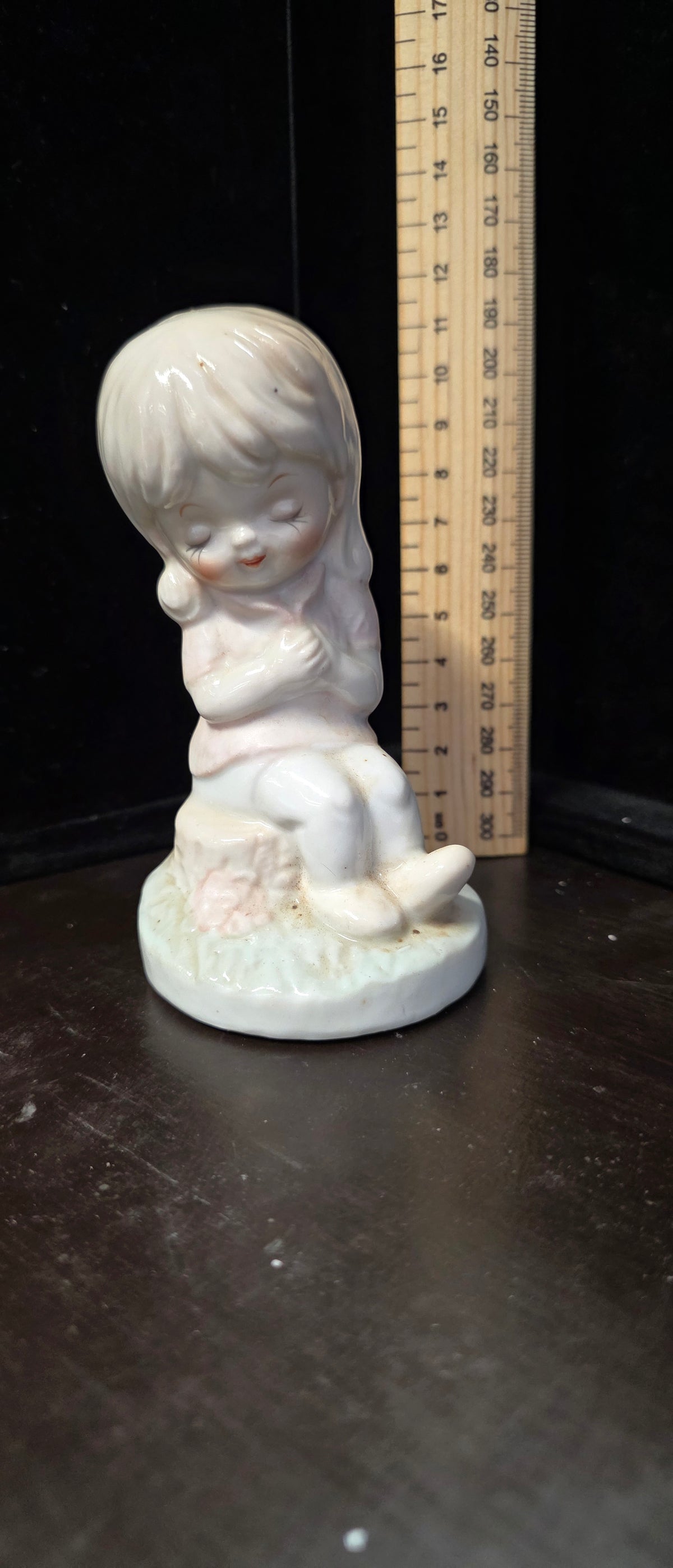 #P029 Vintage Porcelain Girl Figurine – Sweet Seated Child on Stump ~5.5" Collectible Decor