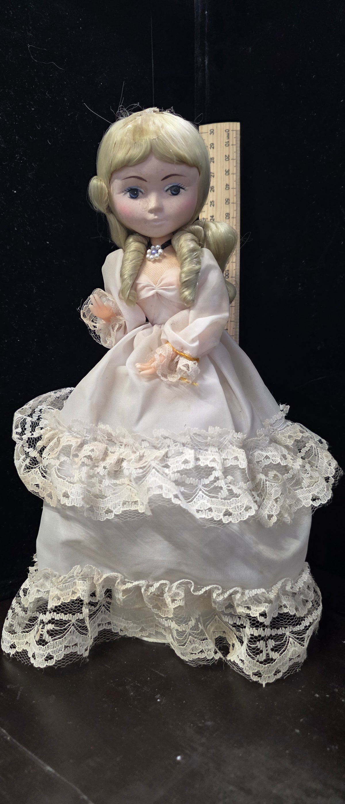 #P029 Vintage Blonde Porcelain Doll in White Lace Victorian Dress ~12"